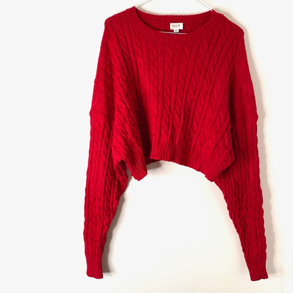 Red Cropped Cable Knit Sweater Boxy Fit Ribbed Crew Neck Le Lis Bold Statement